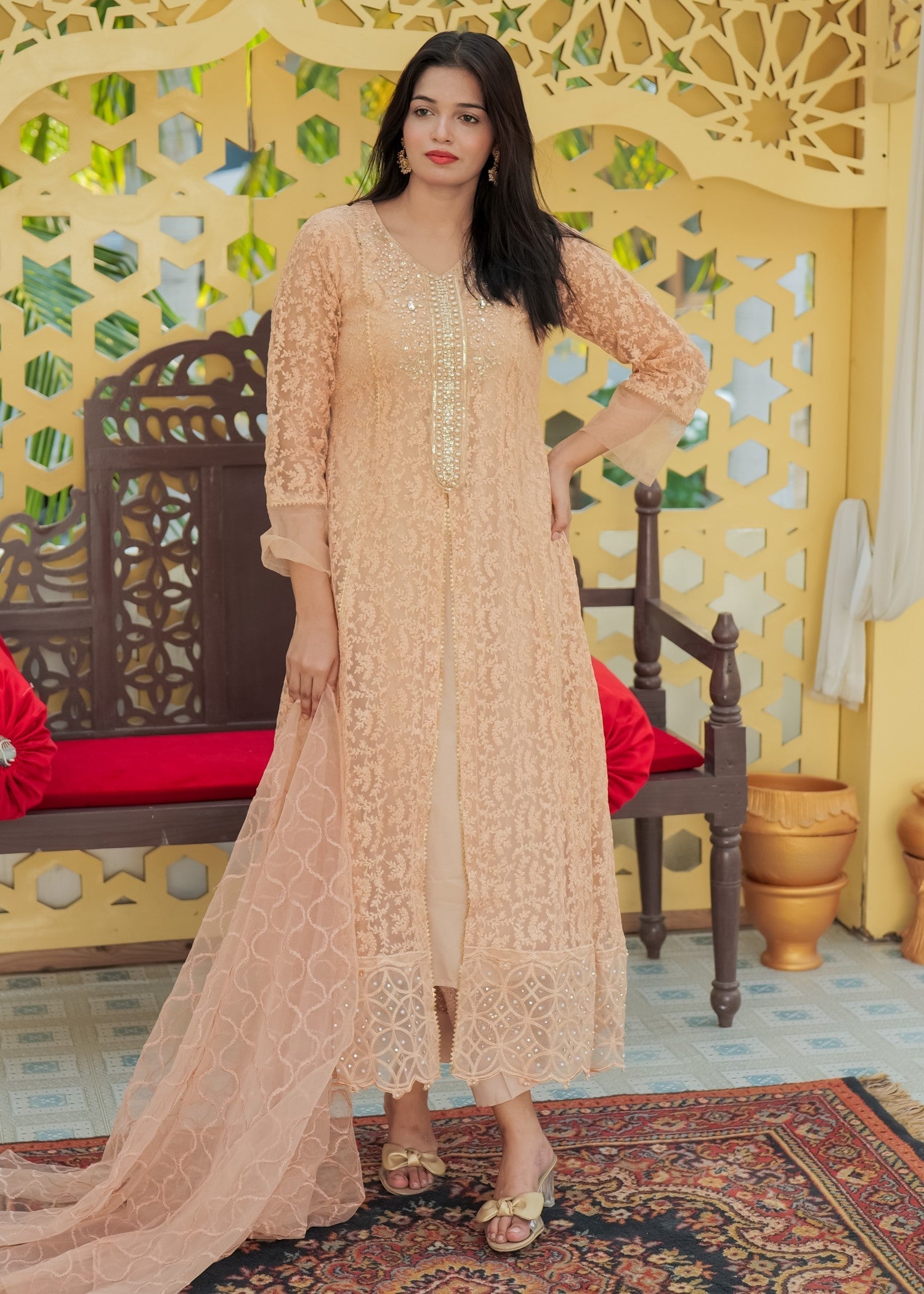 Mona Embroidery Delicate Drapes Peach Women 3pcs