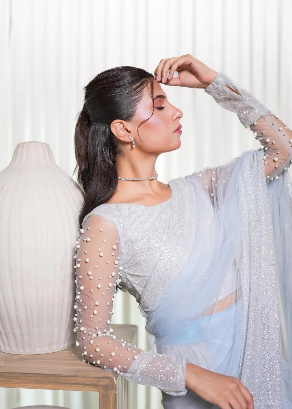 Ripret Ice blue pearl saree Women 3pcs