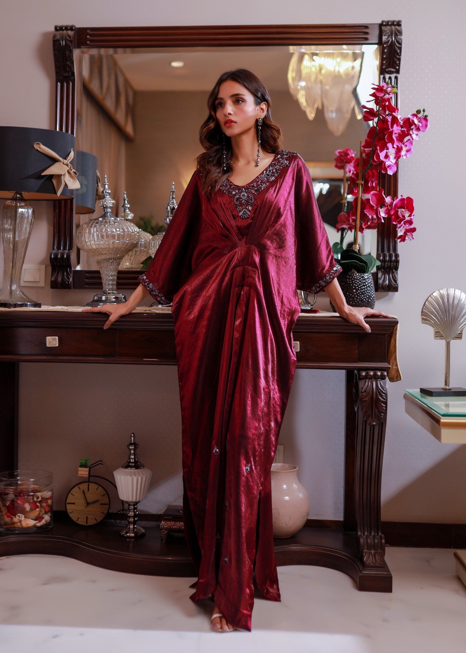 VELOUR Plum Hand Embroidered Kaftan Women 1pcs