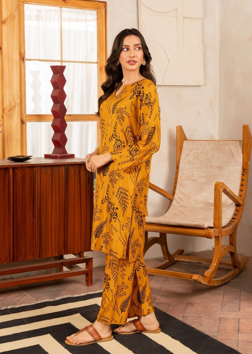 Chaudhary Arts Leave printed mustard Women 2pcs