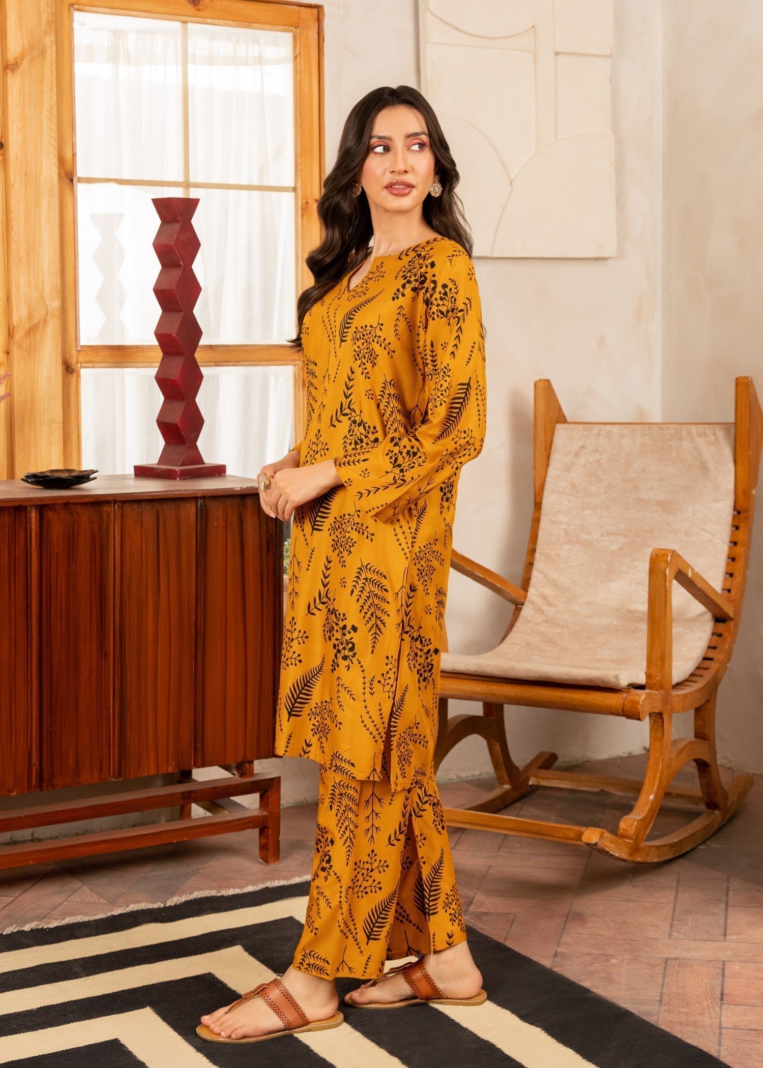 Chaudhary Arts Leave printed mustard Women 2pcs