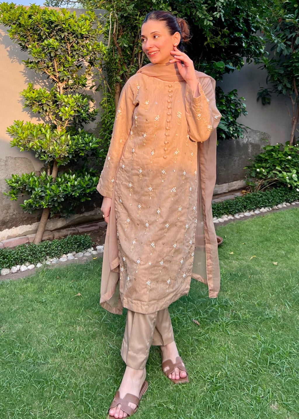 Ayesha B CAMEL BROWN FALAK HANDWORK Women 3pcs