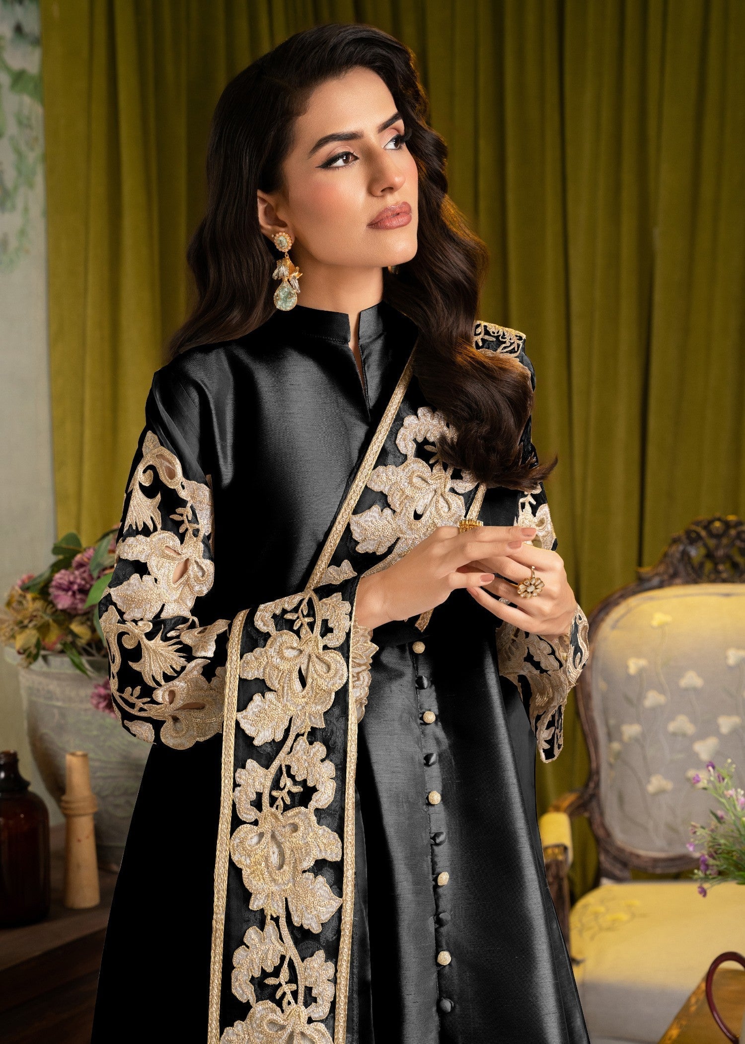 Alyssa ALL013 B BLACK RAW SILK PISHWAS SET Women 3pcs