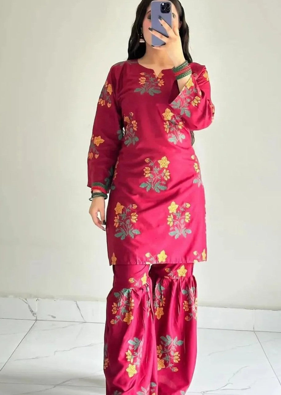 Gulposh Ghulab Gharara ( Stitched ) Mehroon Women 2pcs
