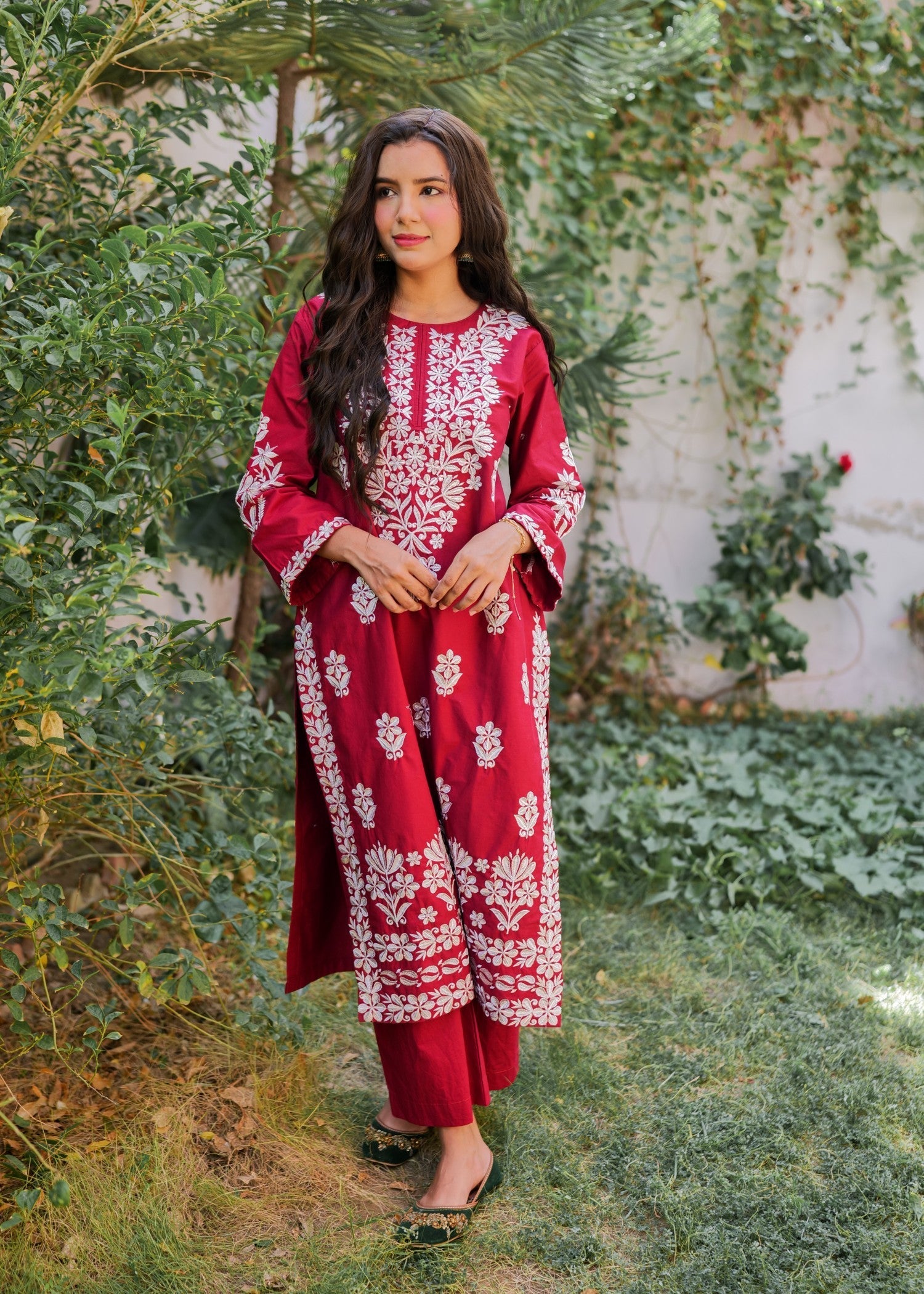 Present Clothing Embroidered Dress Maroon Women 2pcs