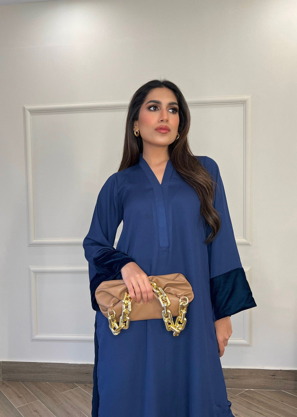 Manahils Blue long set with velvet Tunic Women 2pcs