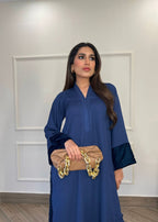 Manahils Blue long set with velvet Tunic Women 2pcs