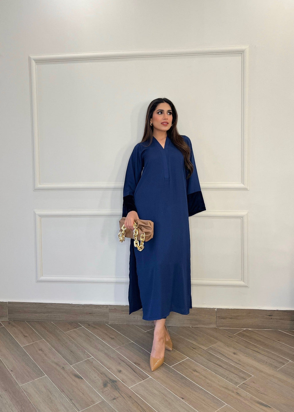 Manahils Blue long set with velvet Tunic Women 2pcs