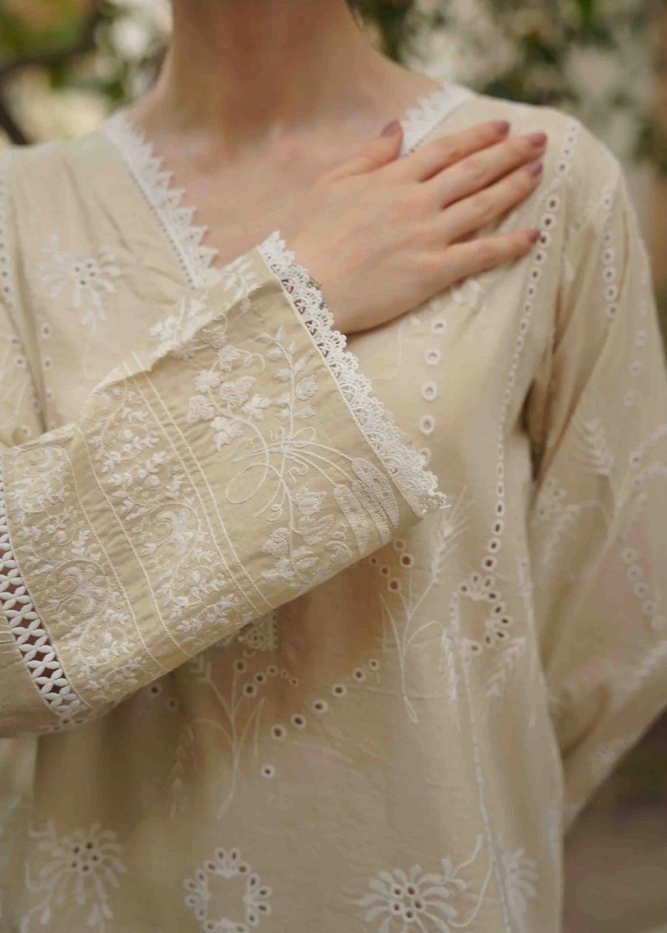 Naarj Moon Flower Cream Schiffli CO ORD Set Women 2pcs