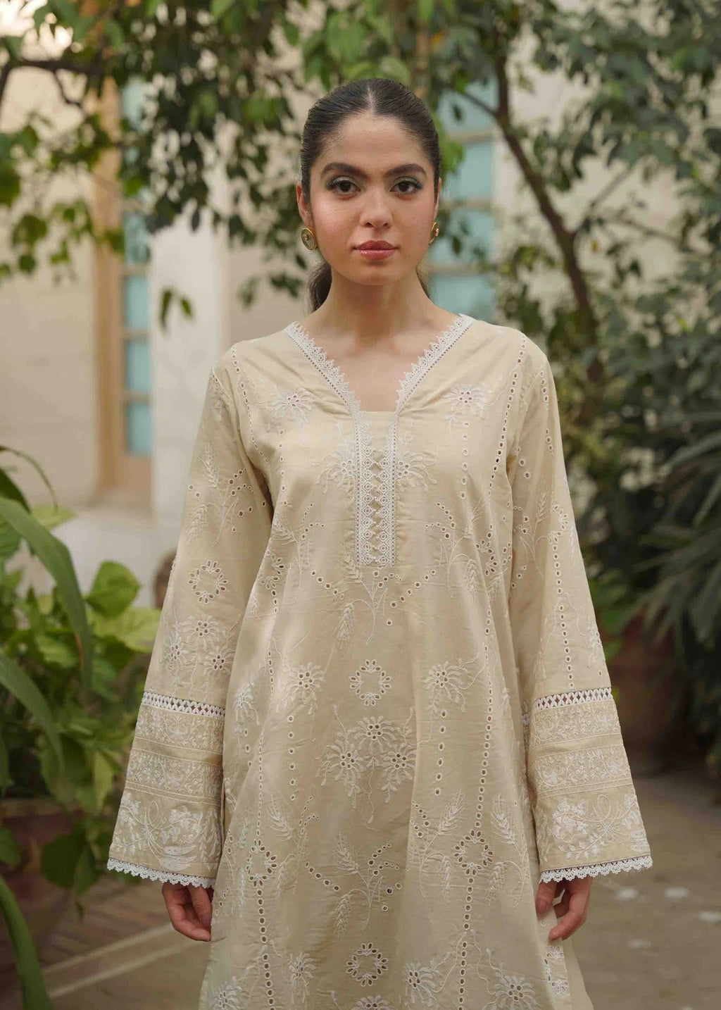 Naarj Moon Flower Cream Schiffli CO ORD Set Women 2pcs