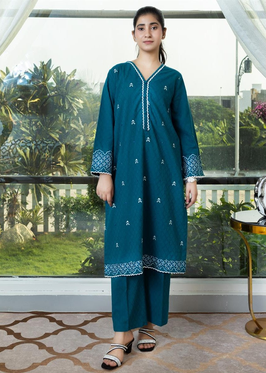 Stitching Cotton Women Embroidered Sea Green Suit Women 2pcs