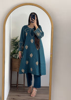 Yaaqot Official Teal Flover Neckline Stitched Women 3pcs