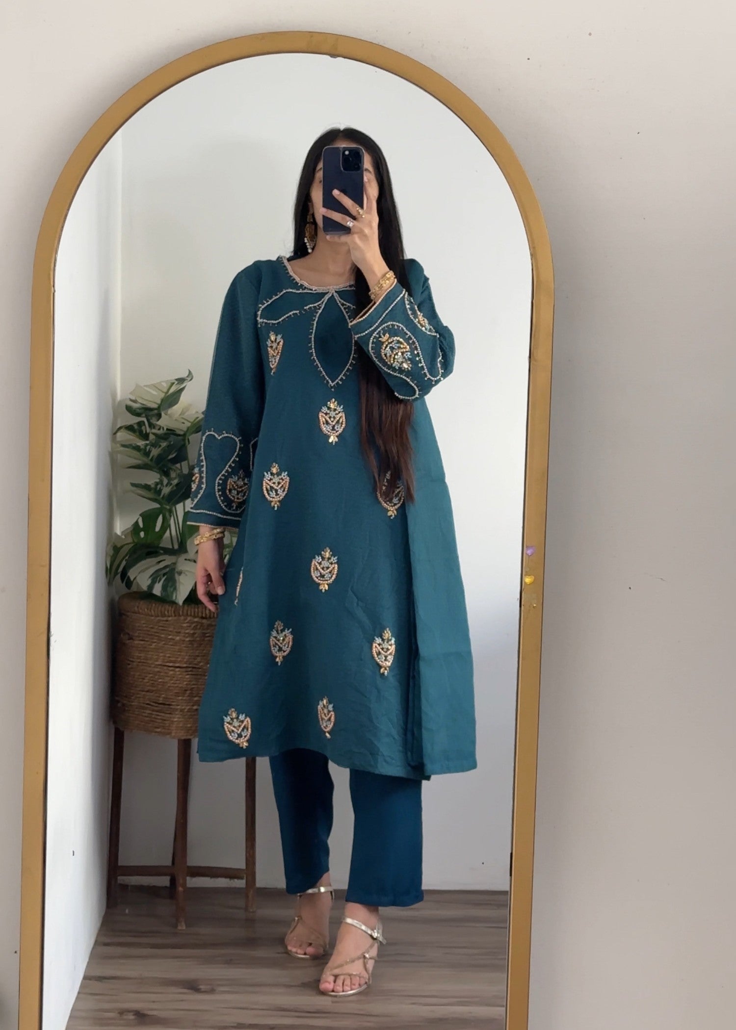 Yaaqot Official Teal Flover Neckline Stitched Women 3pcs