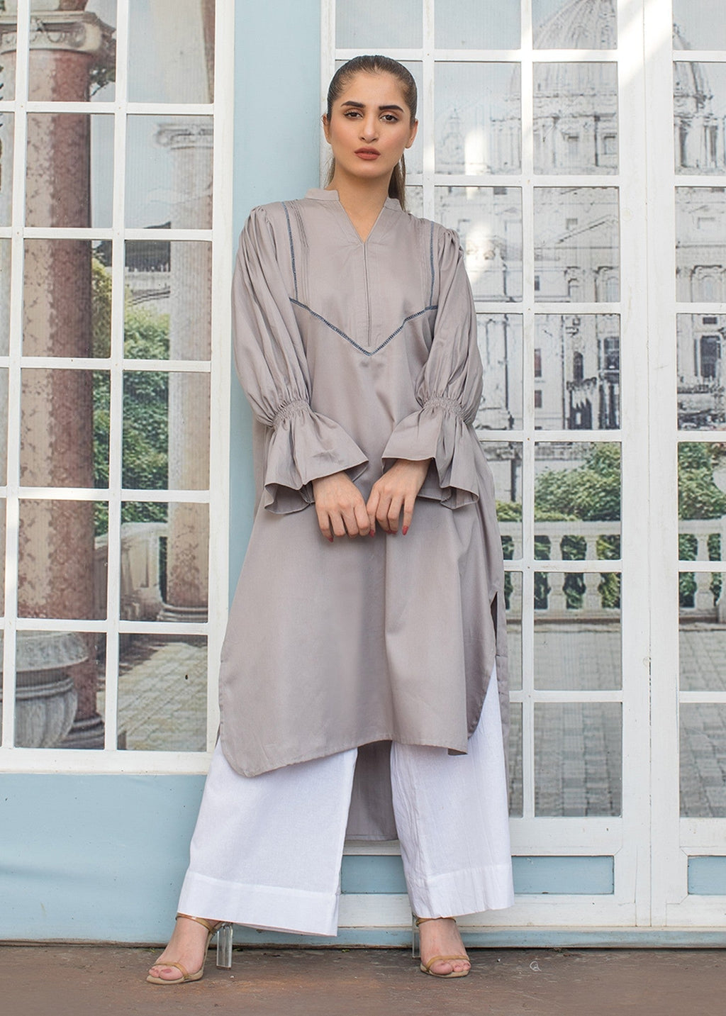 Urban Cut | Graceful Grey Long Dress with Elegant Lace & Pleat Detailing Women 1pcs