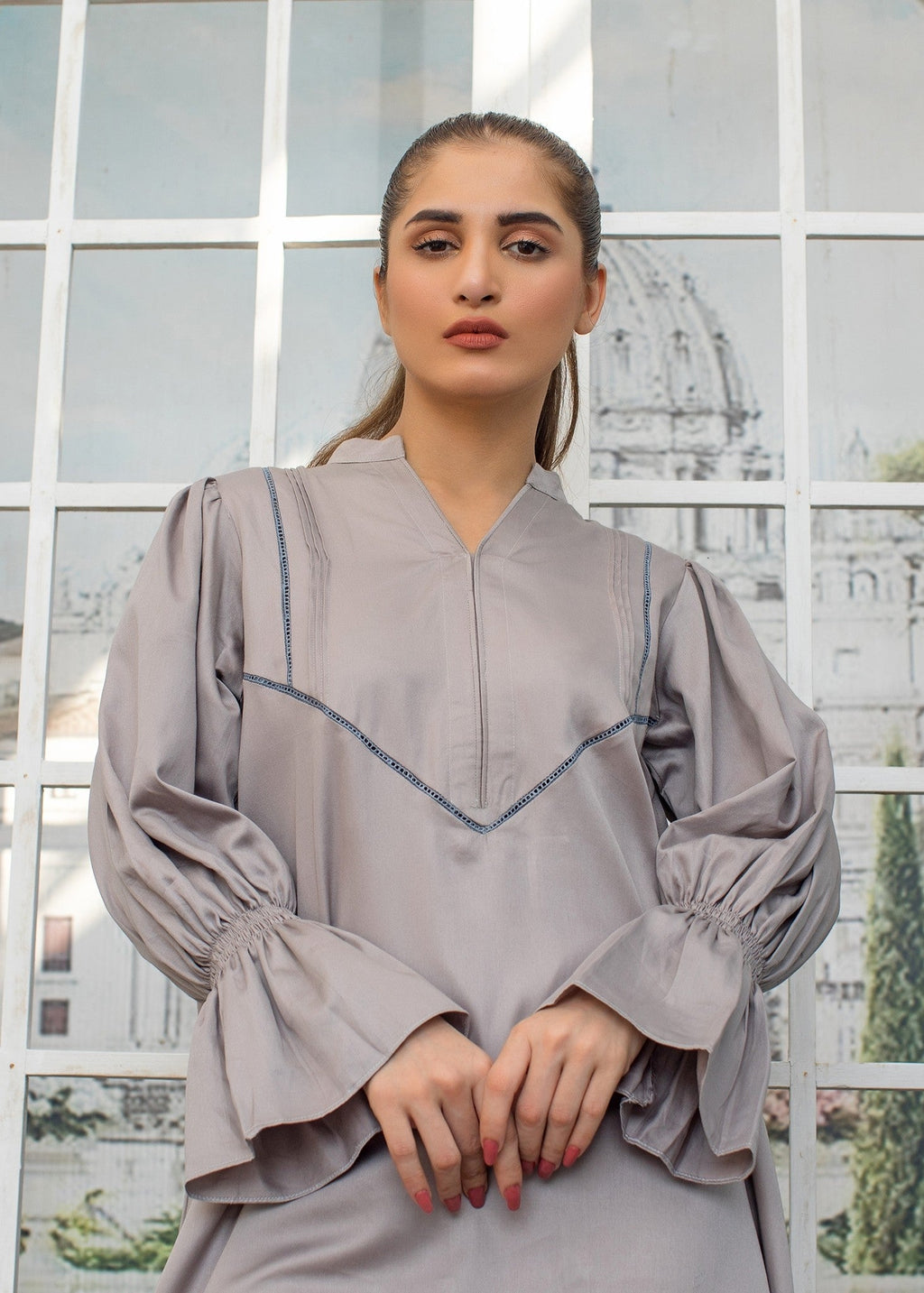 Urban Cut | Graceful Grey Long Dress with Elegant Lace & Pleat Detailing Women 1pcs