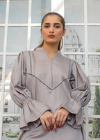 Urban Cut | Graceful Grey Long Dress with Elegant Lace & Pleat Detailing Women 1pcs
