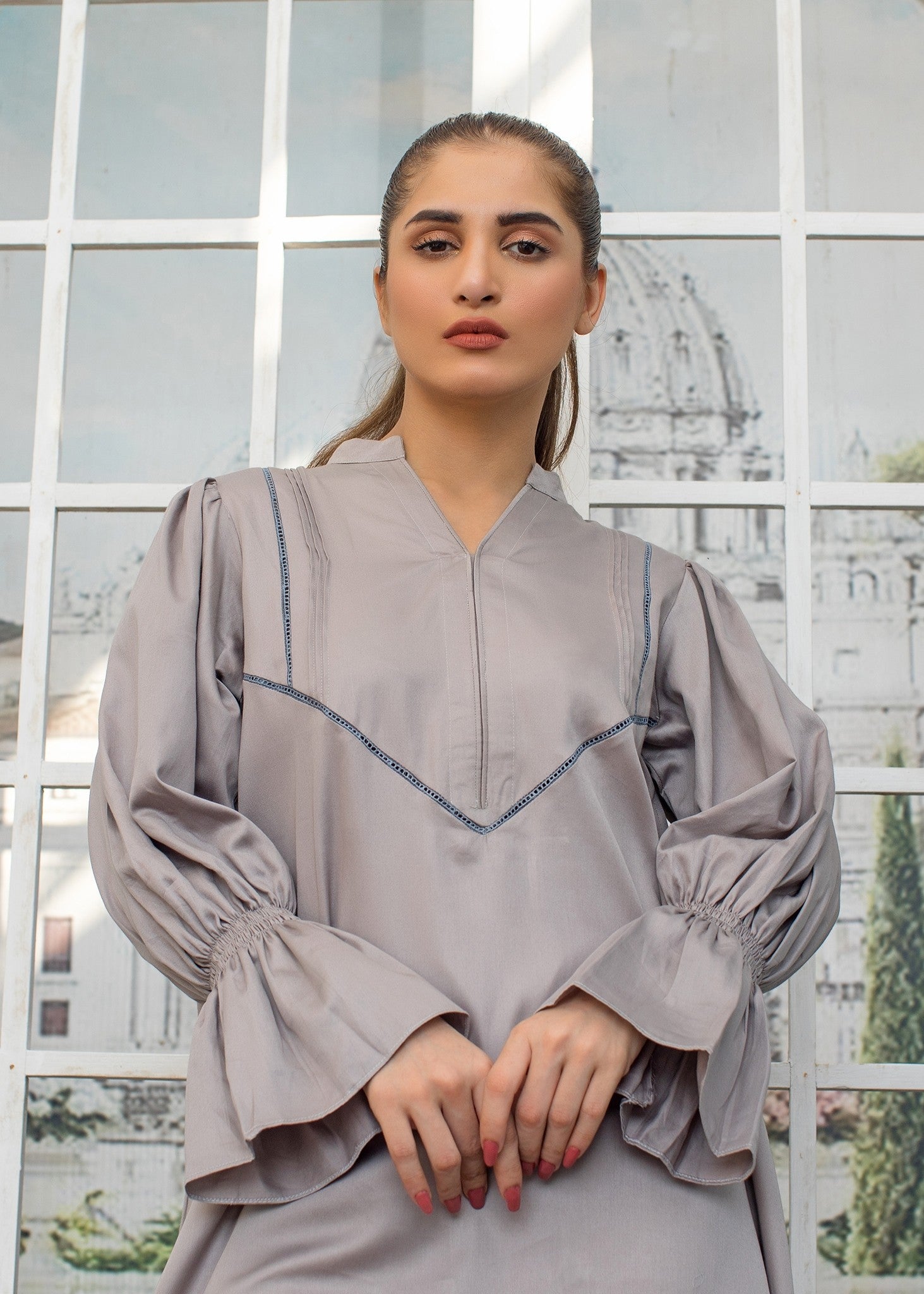 Urban Cut | Graceful Grey Long Dress with Elegant Lace & Pleat Detailing Women 1pcs