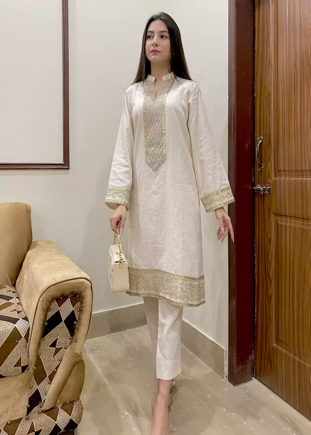 Urban Cut Set | 100% Pure Cotton | Intricate Zari and sequence embroidery Collar neck Women 2pcs