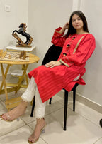 Urban Cut | Solid Red | Stripes Stitched | 100% Cotton Women 1pcs