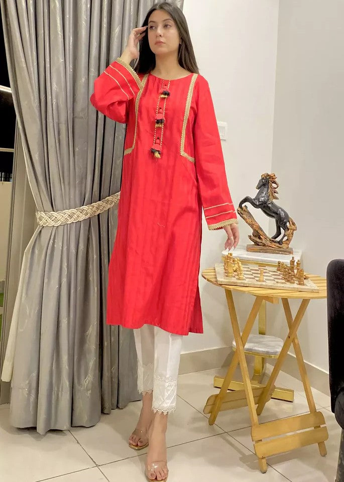 Urban Cut | Solid Red | Stripes Stitched | 100% Cotton Women 1pcs