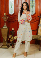 Cynoption Cream Slub Embroidered Collar Style Two Piece Women 2pcs