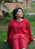 Pretbee Vibrant Red Cotton Suit with Embroidered Sleeves and Cutwork Detailing Women 2pcs