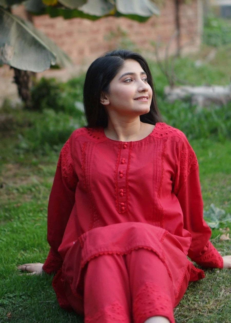 Pretbee Vibrant Red Cotton Suit with Embroidered Sleeves and Cutwork Detailing Women 2pcs