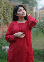Pretbee Vibrant Red Cotton Suit with Embroidered Sleeves and Cutwork Detailing Women 2pcs