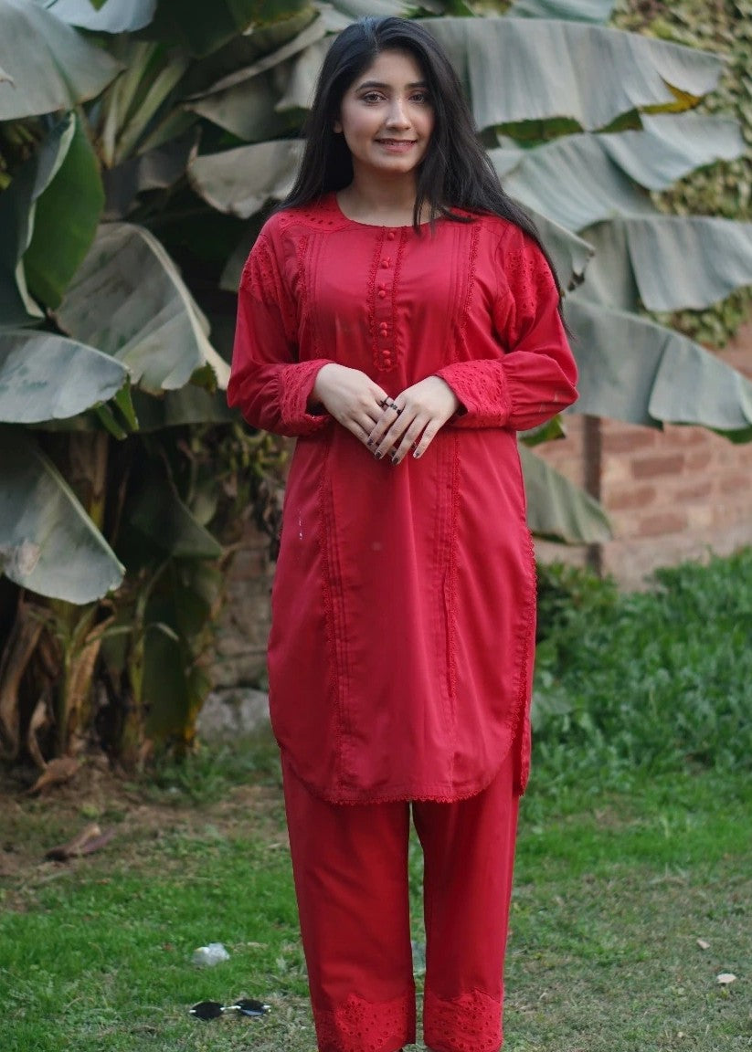 Pretbee Vibrant Red Cotton Suit with Embroidered Sleeves and Cutwork Detailing Women 2pcs