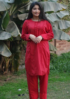 Pretbee Vibrant Red Cotton Suit with Embroidered Sleeves and Cutwork Detailing Women 2pcs