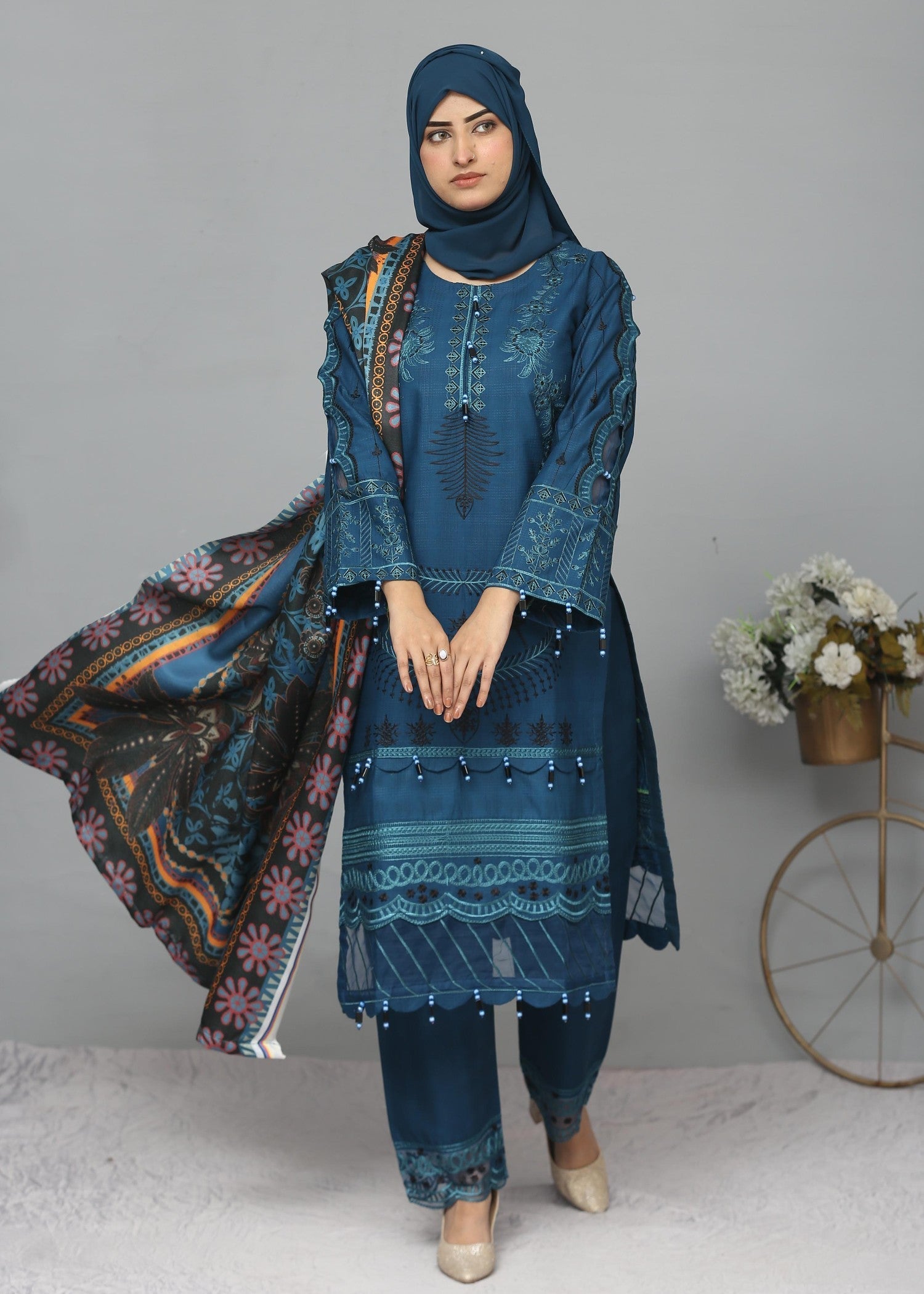 Fatima Printing Collection Zariyah Embroidered Long Shirt Teal Women 3pcs
