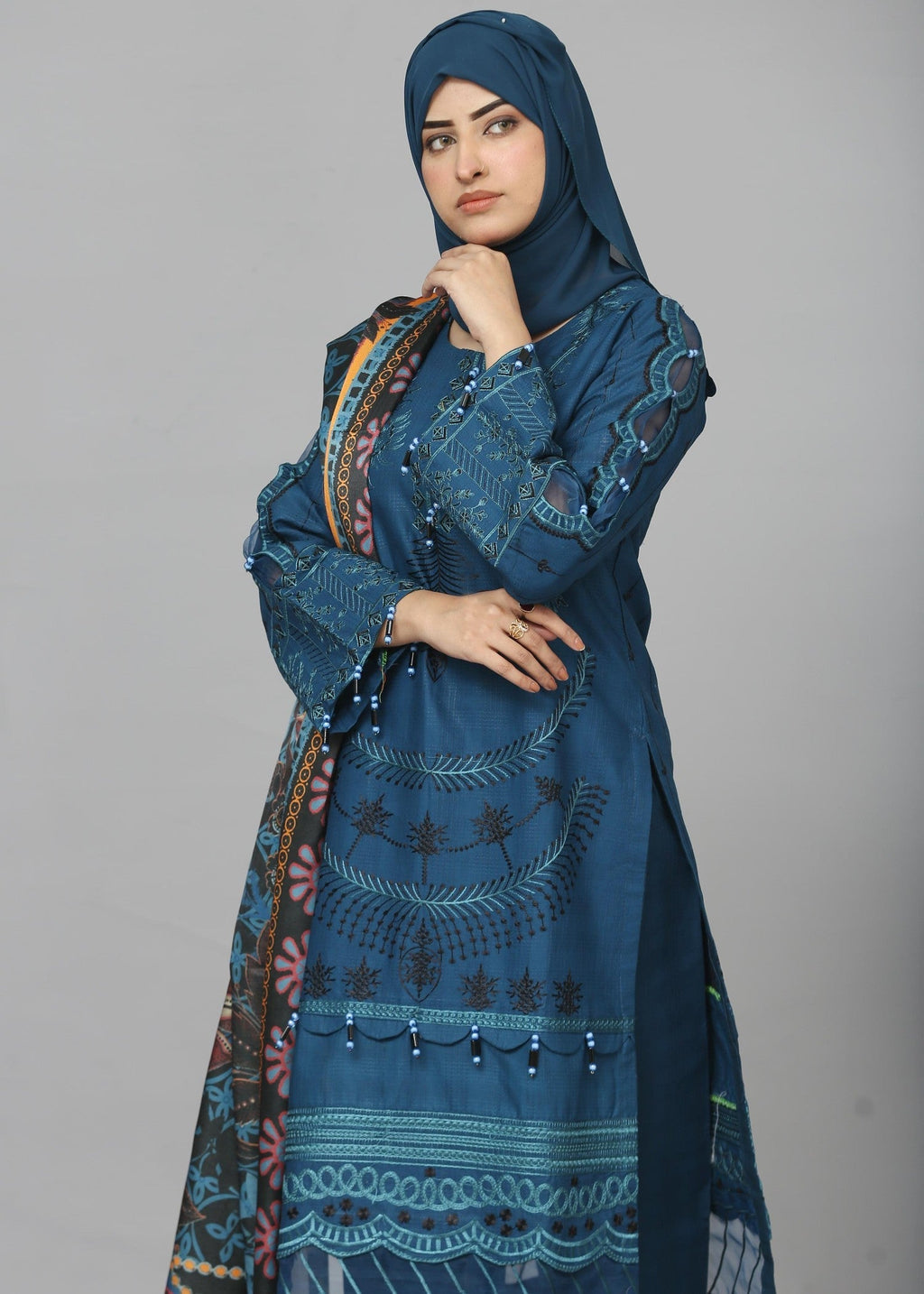 Fatima Printing Collection Zariyah Embroidered Long Shirt Teal Women 3pcs