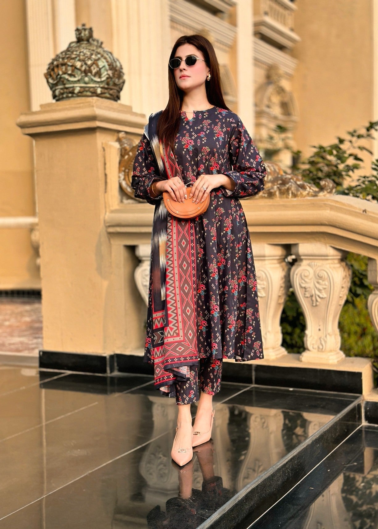 By-East Lawn Printed Suit (BLU) Women 3pcs