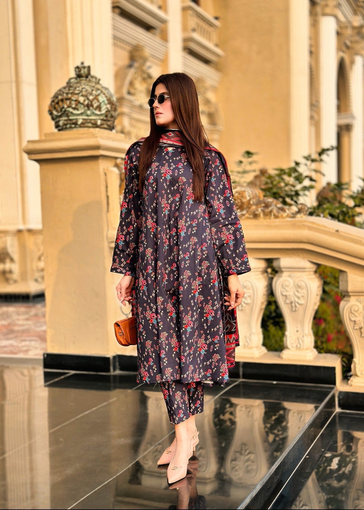 By-East Lawn Printed Suit (BLU) Women 3pcs