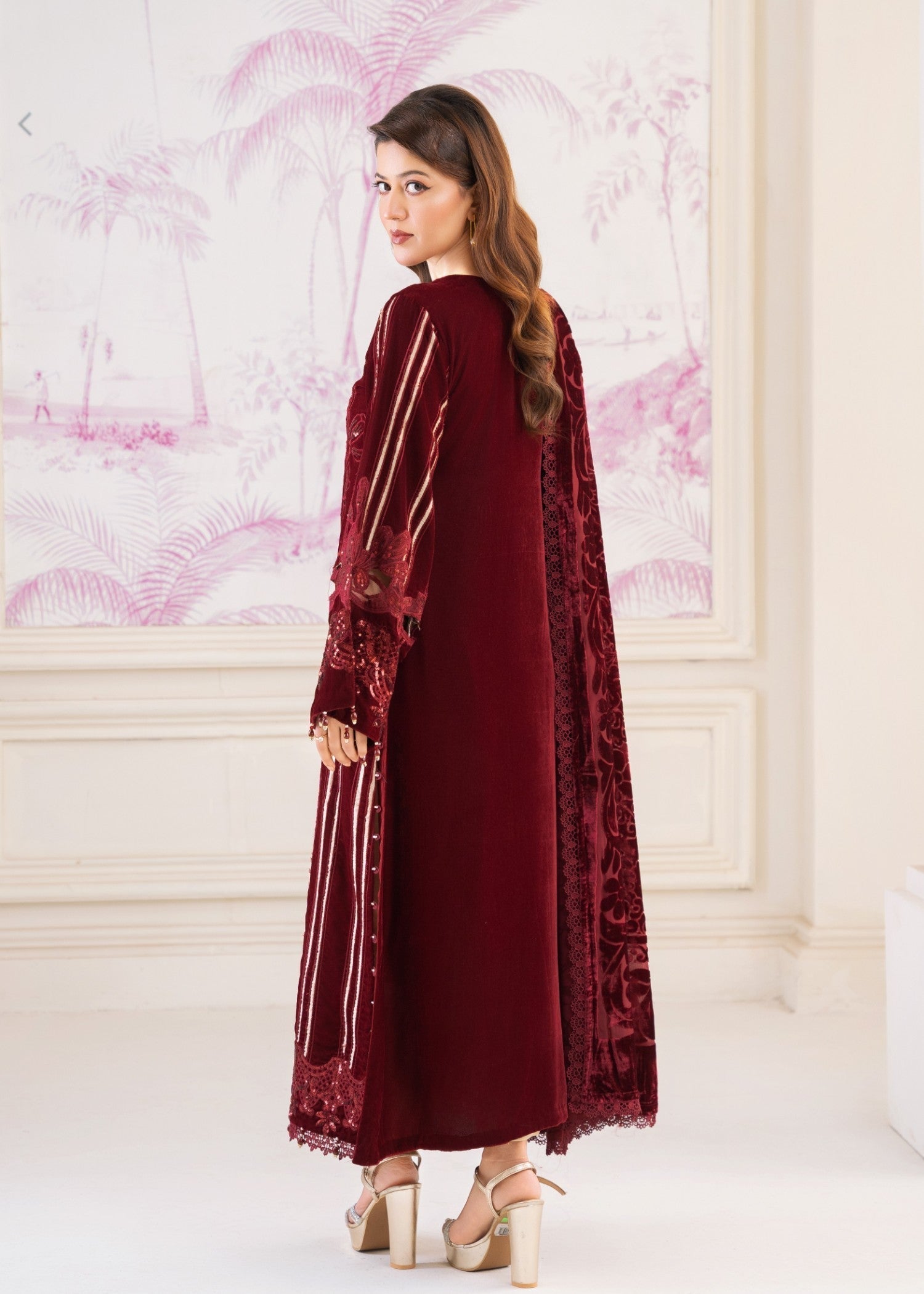 Malhaar Mal AL 4173 Maroon Vel Women 3pcs