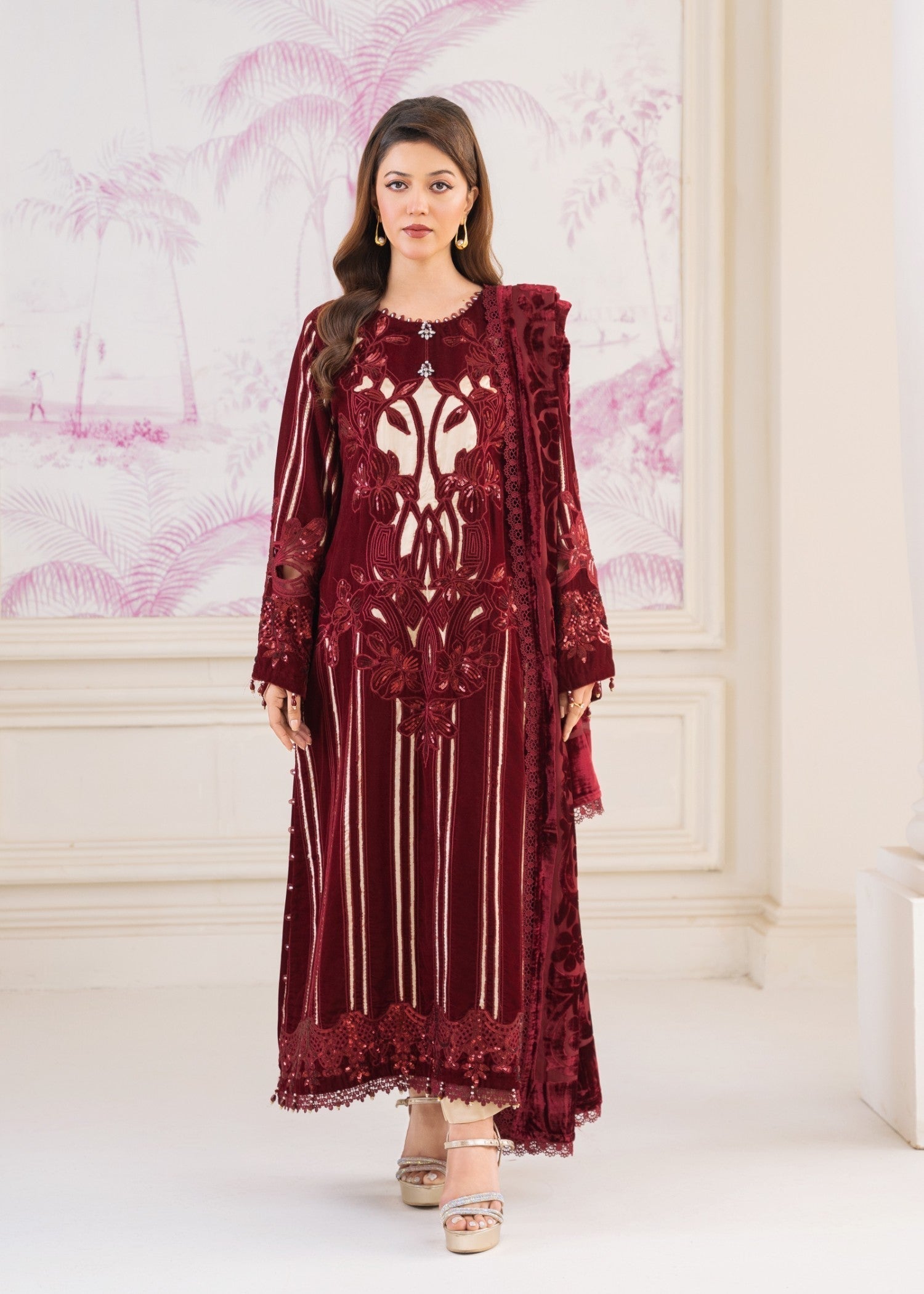 Malhaar Mal AL 4173 Maroon Vel Women 3pcs