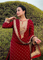 Suits By Sadia Sajalali gharara mehroon Women 3pcs