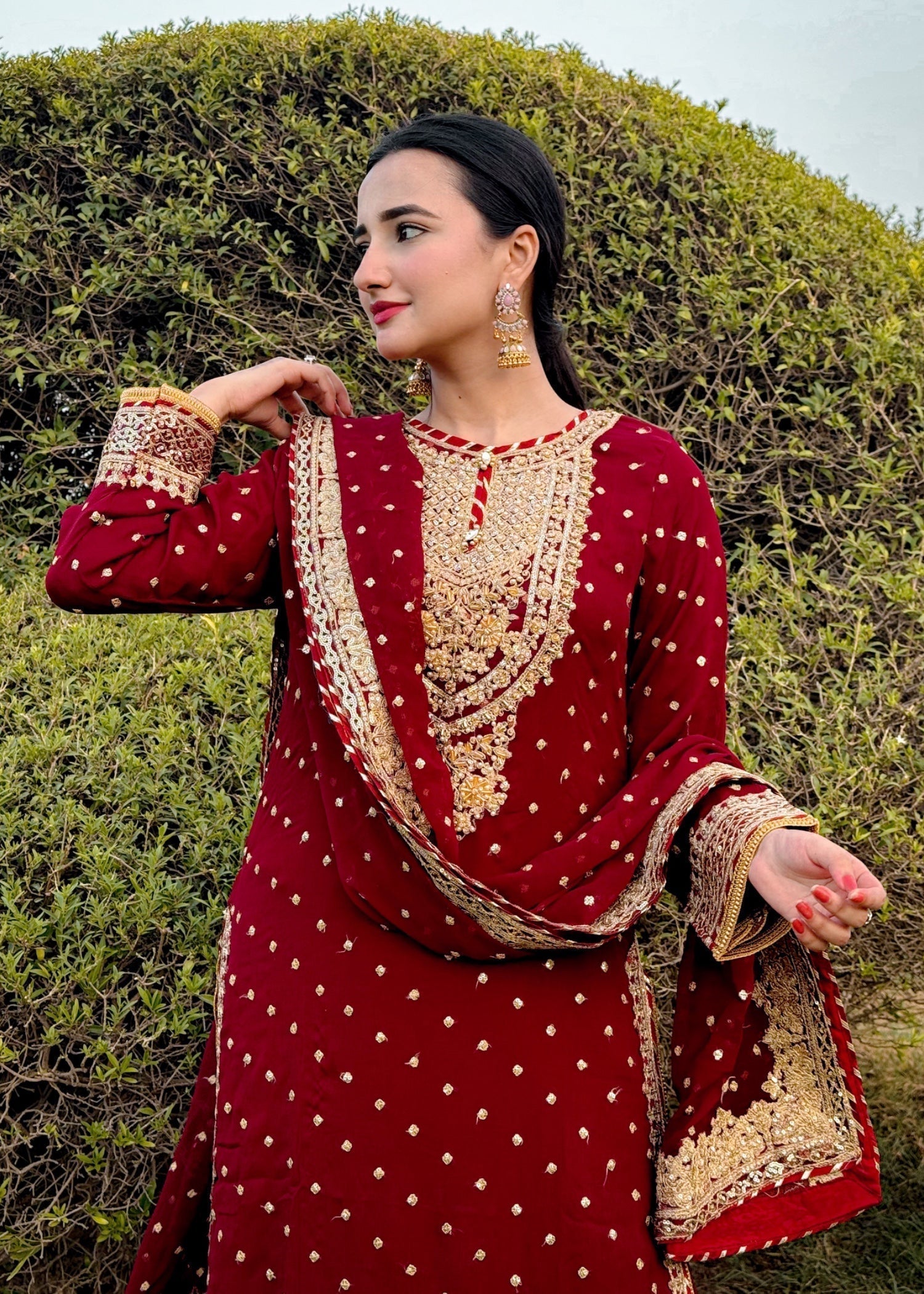 Suits By Sadia Sajalali gharara mehroon Women 3pcs