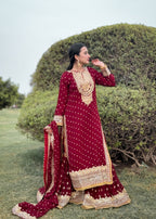 Suits By Sadia Sajalali gharara mehroon Women 3pcs