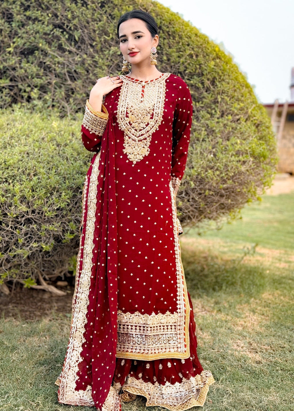 Suits By Sadia Sajalali gharara mehroon Women 3pcs