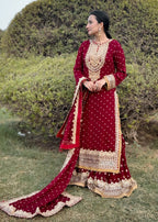 Suits By Sadia Sajalali gharara mehroon Women 3pcs