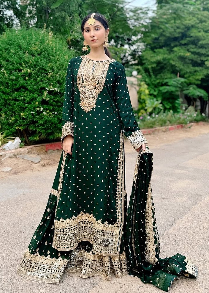 Suits By Sadia Sajal Ali Gharara Bottle Green Women 3pcs
