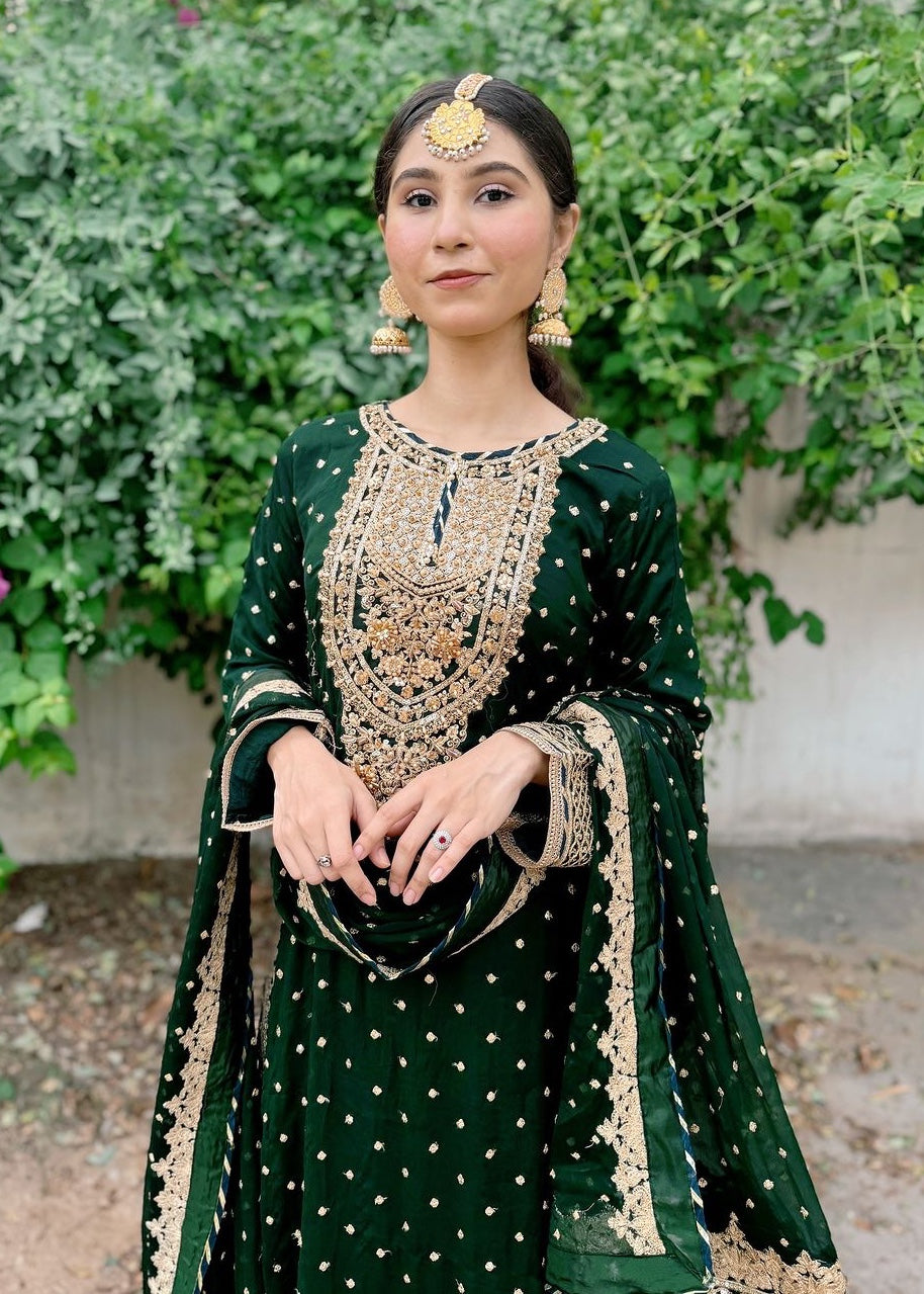 Suits By Sadia Sajal Ali Gharara Bottle Green Women 3pcs