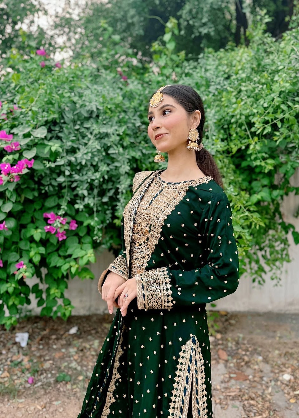 Suits By Sadia Sajal Ali Gharara Bottle Green Women 3pcs