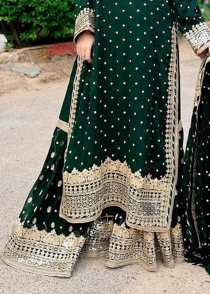 Suits By Sadia Sajal Ali Gharara Bottle Green Women 3pcs