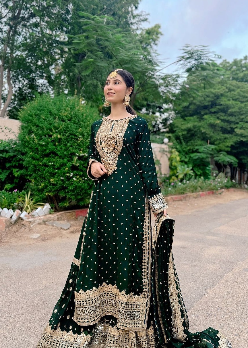 Suits By Sadia Sajal Ali Gharara Bottle Green Women 3pcs