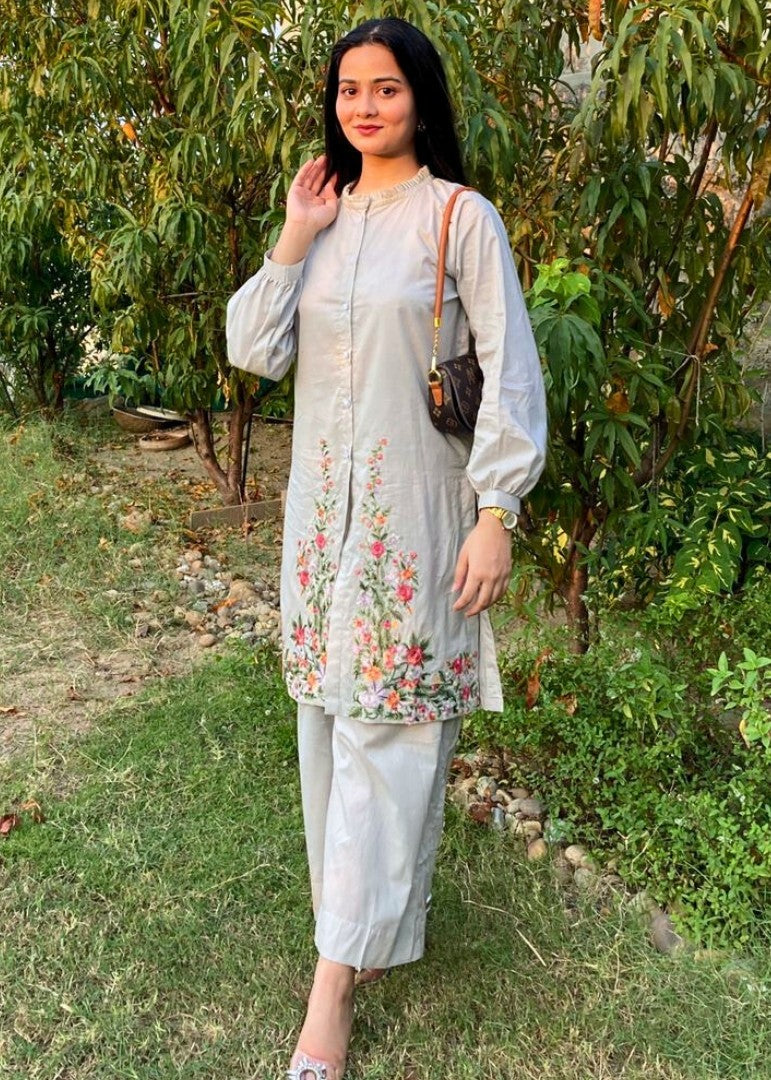 Haya'S Creation Embroidered Light Grey Lawn Short Dress Women 2pcs