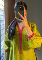 Haya'S Creation Parrot Green Printed Khaddar Dress Women 2pcs