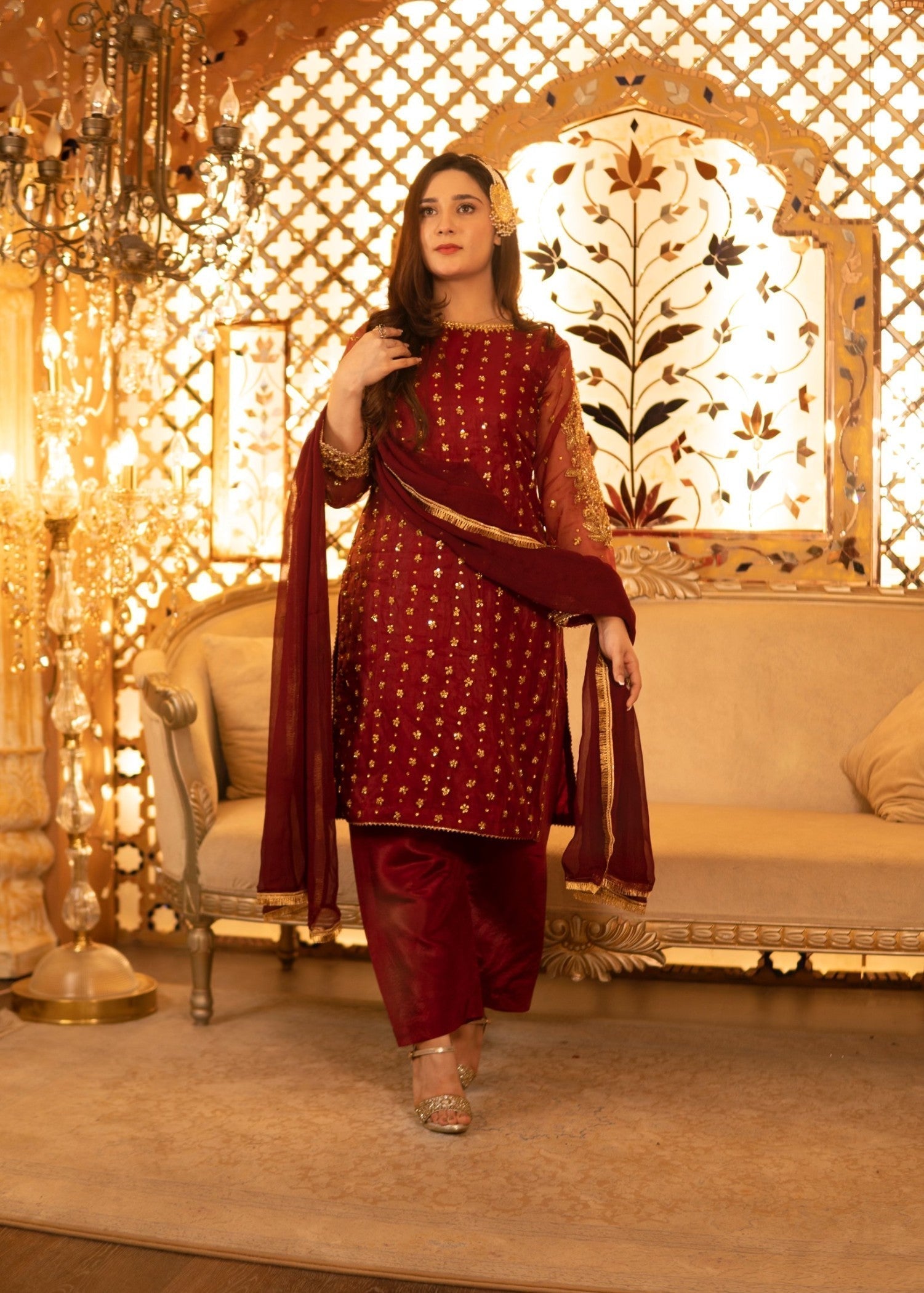 Suits By Sadia Marium Organza Maroon Women 3pcs