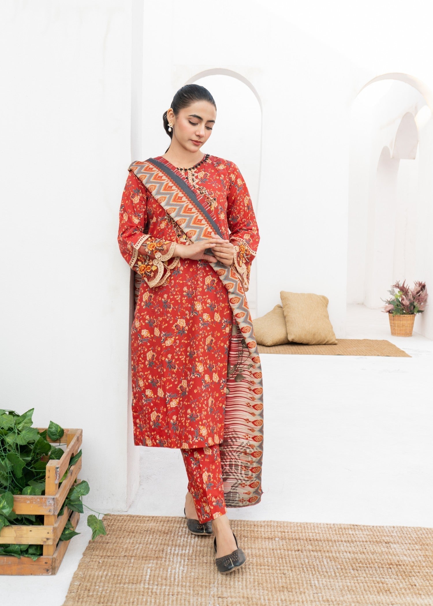 Dada Potta Stitched Red Cambric Cotton Women 3pcs